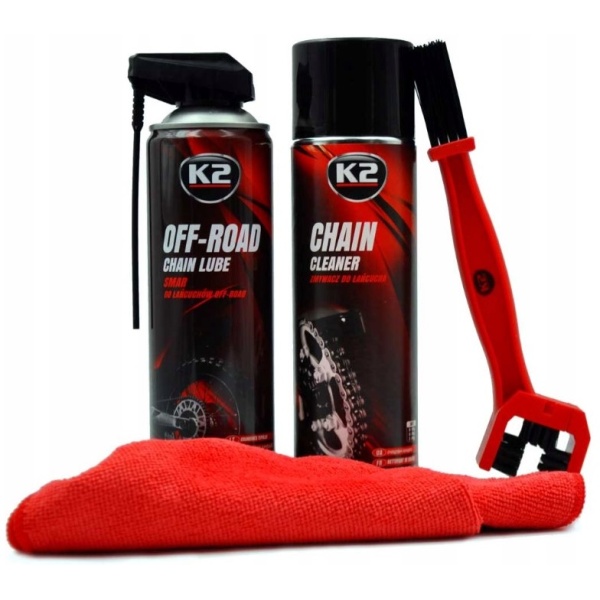 Set K2 Spray Curatat Lant Chain Cleaner 500ML W148NM + K2 Spray Lubrifiant Lant Chain Lube Off Road 500ML W140NM + K2 Perie Curatat Lant W612 + Sonax Laveta Pentru Suprafete Exterioare 40X40CM 416200